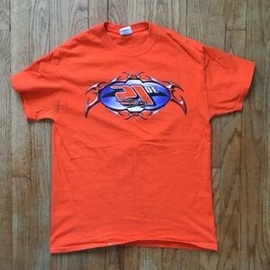 Gildan Orange Graphic Tee with Blue Design